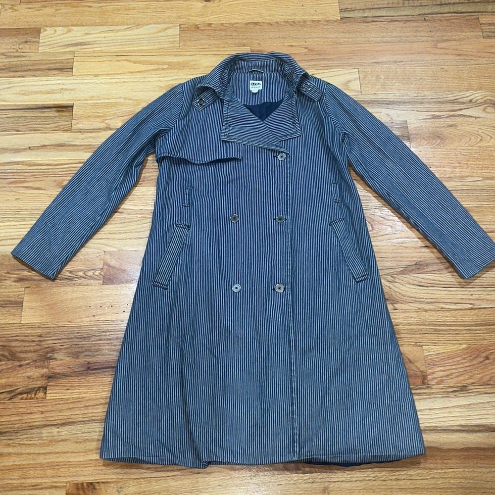 Vintage ASOS Navy and White Striped Denim Jacket Trench sz 6